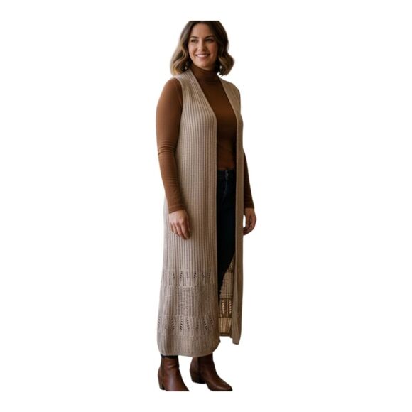 Crochet BOHO Open Cardigan Sweater Vest Duster Maxi 100% Cotton SOFT Mossimo L - Picture 1 of 15